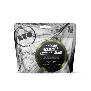 Sopa cremosa de brócoli y espinacas con mozzarella y semillas de calabaza