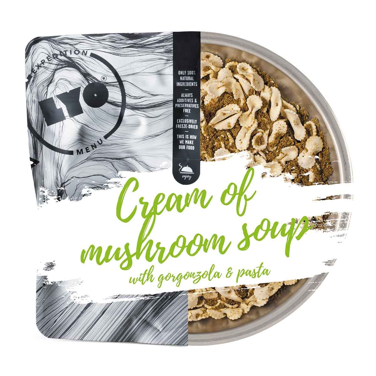 Lyofood cream of mushroom soup with gorgonzola and pasta